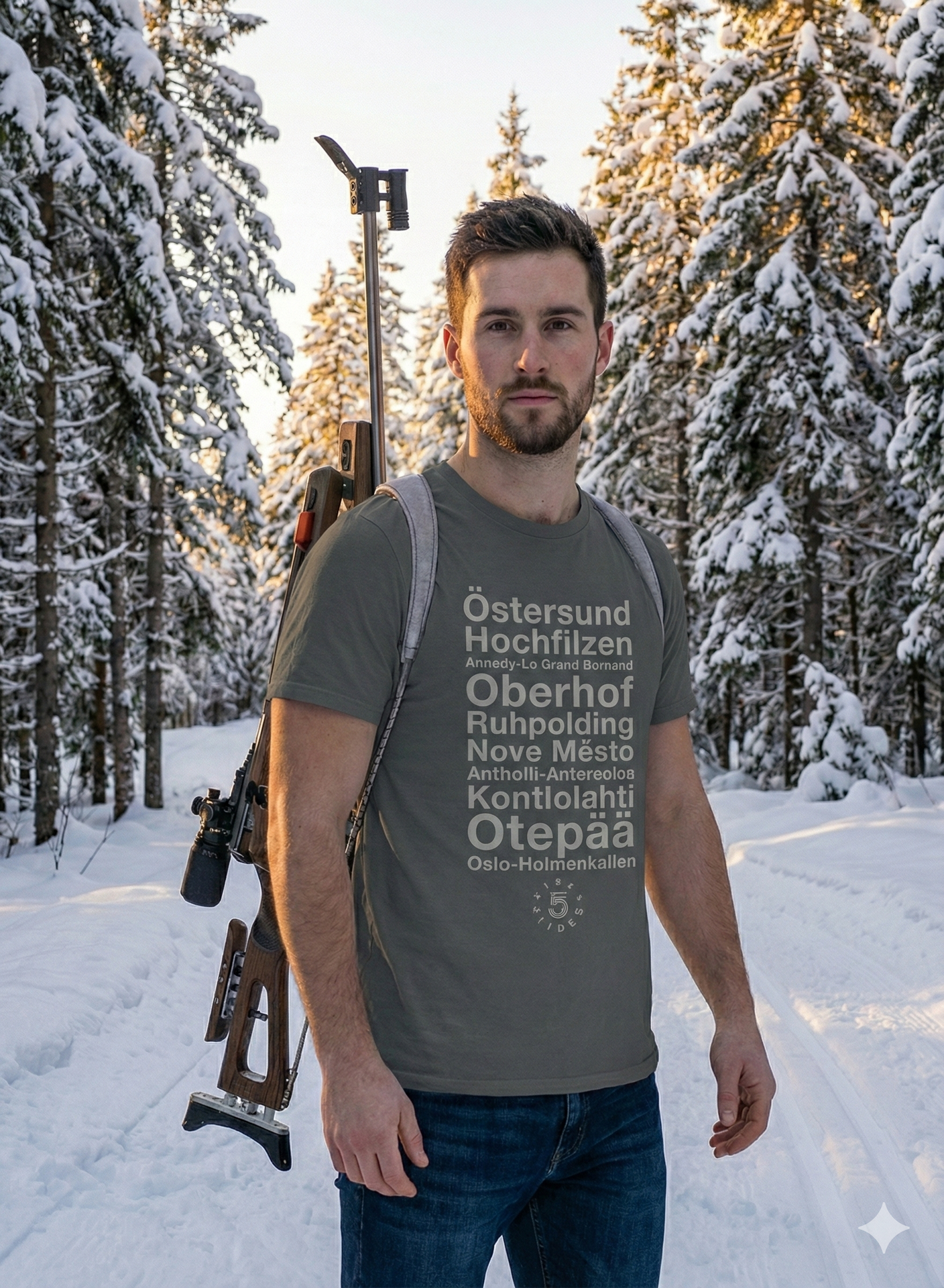 Homme portant le T-shirt gris 5 Cibles "Esprit Biathlon" en coton certifié, au cœur d'une forêt enneigée.